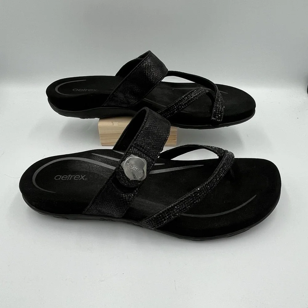 Aetrex Izzy Sparkle Sandals Women's  10 Black Rhinestone Orthotic Comfort Summer
